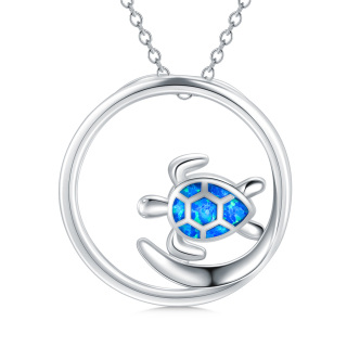 Sterling Silver Opal Sea Turtle Circle Pendant Necklace-56