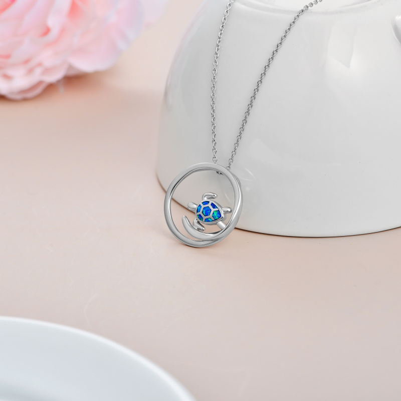 Sterling Silver Opal Sea Turtle Circle Pendant Necklace-3