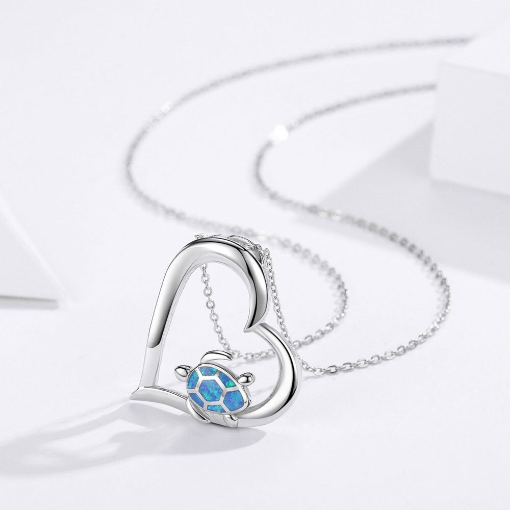 Sterling Silver Opal Sea Turtle & Heart Pendant Necklace-3