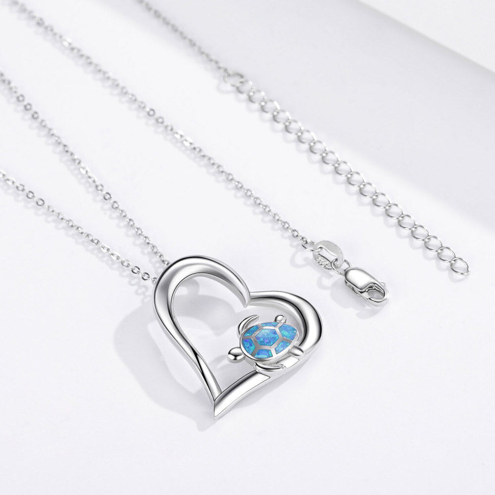 Sterling Silver Opal Sea Turtle & Heart Pendant Necklace-4