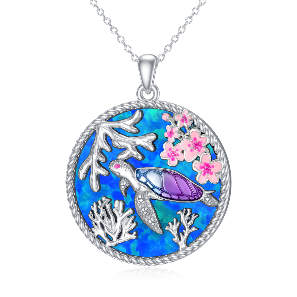 Sterling Silver Opal Sea Turtle Pendant Necklace-3