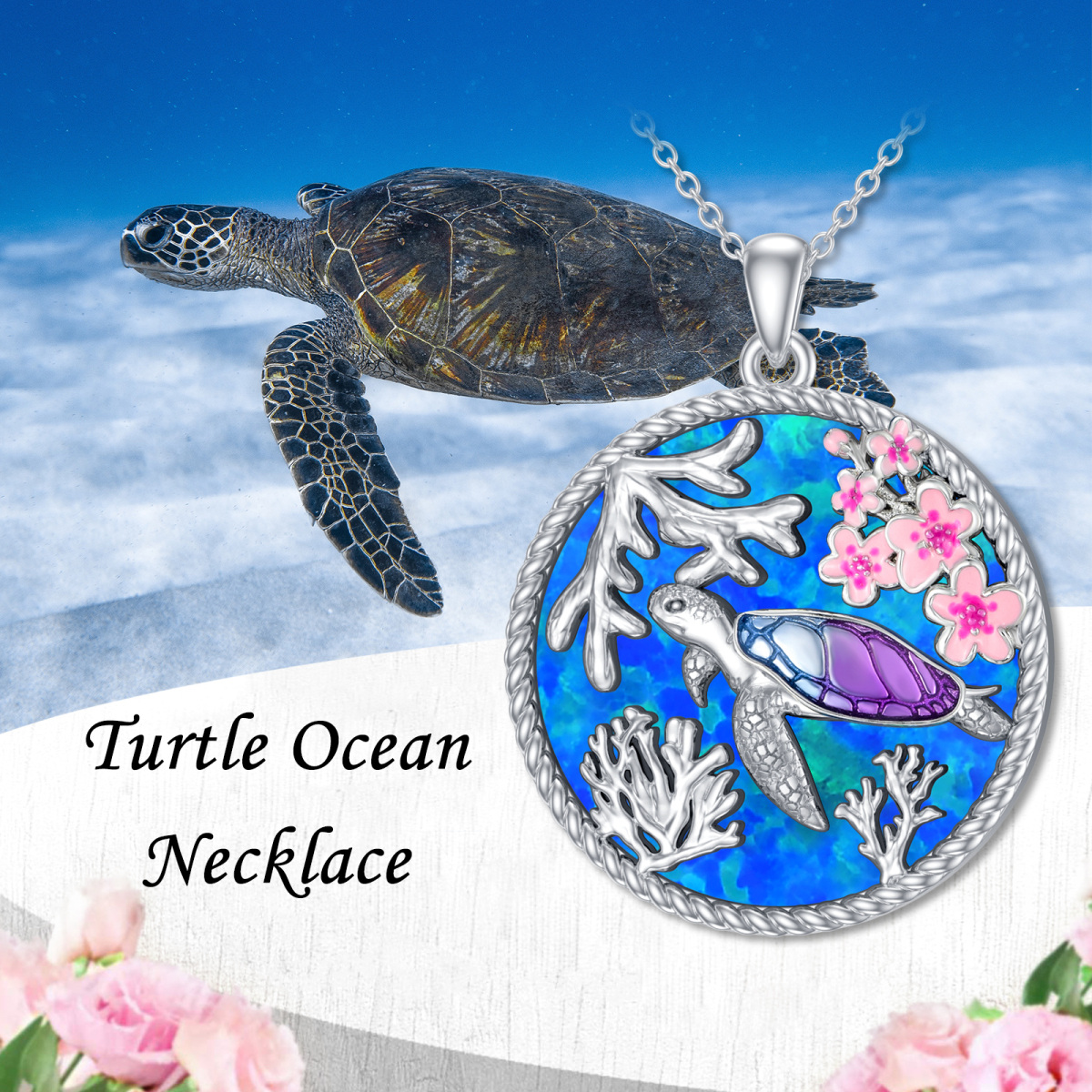 Sterling Silver Opal Sea Turtle Pendant Necklace-5