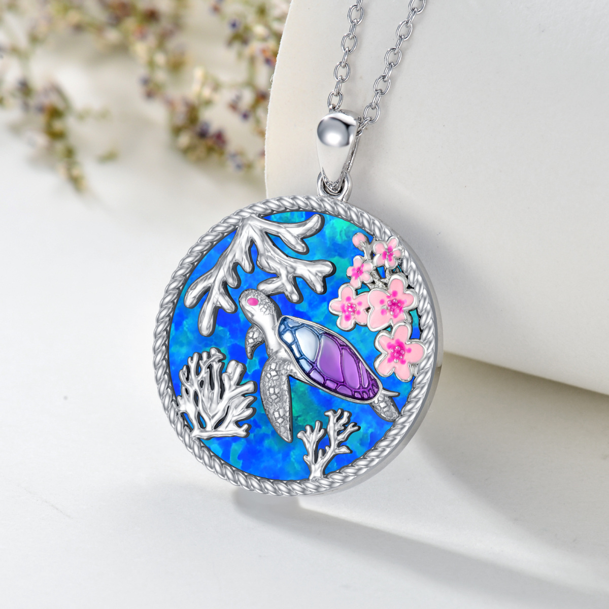 Sterling Silver Opal Sea Turtle Pendant Necklace-6