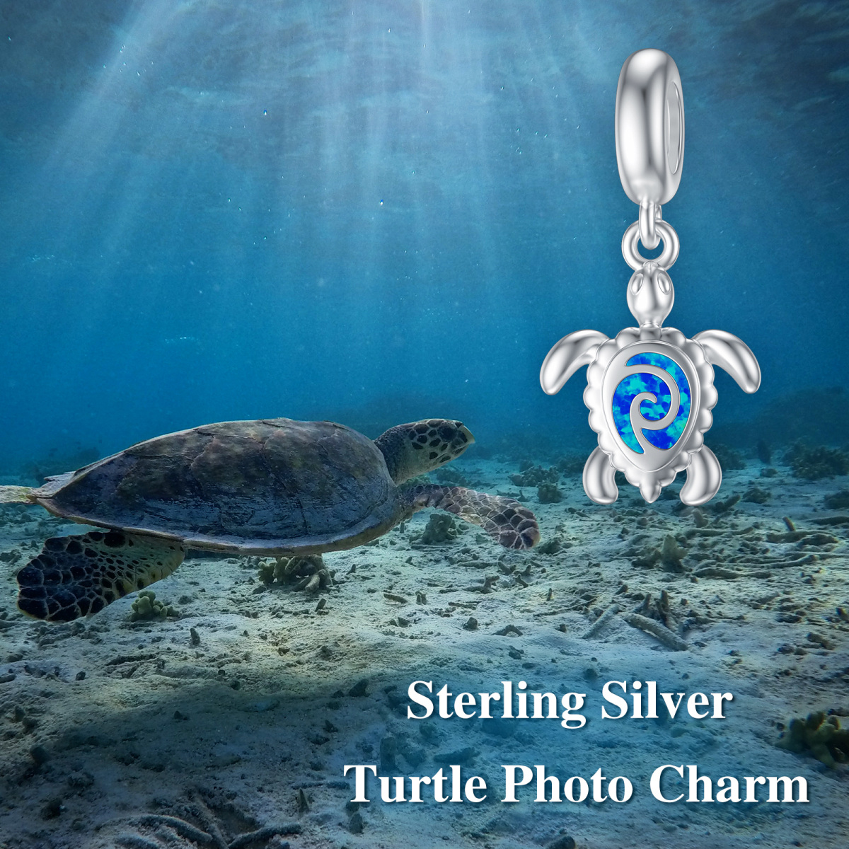 Sterling Silver Opal Sea Turtle & Personalized Photo Dangle Charm-5