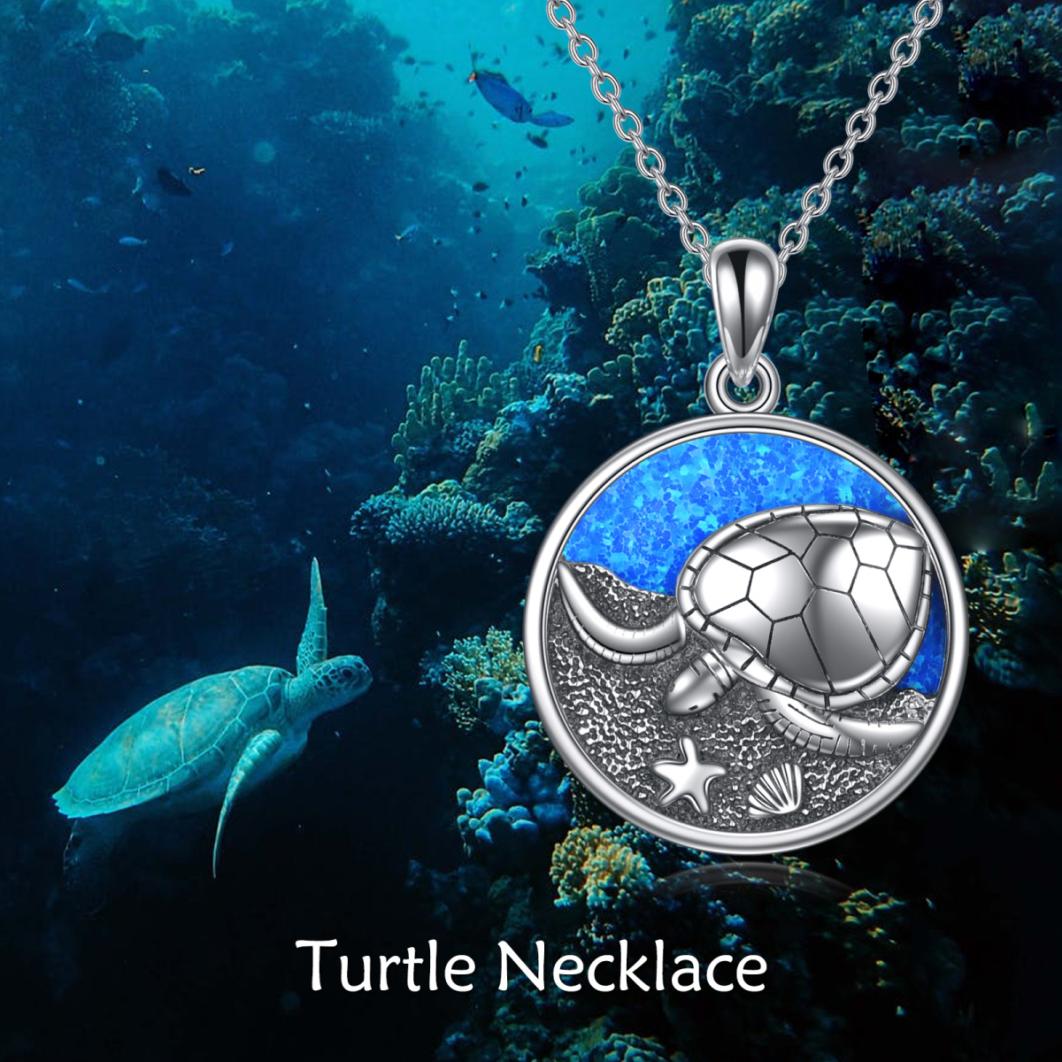 Sterling Silver Opal Sea Turtle & Starfish Pendant Necklace-5