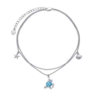 Sterling Silver Opal Sea Turtle Starfish And Shell Multi-Layered Chain Anklet For Women-27