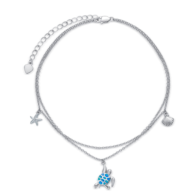 Sterling Silver Opal Sea Turtle & Starfish & Shell Multi-layered Chain Anklet