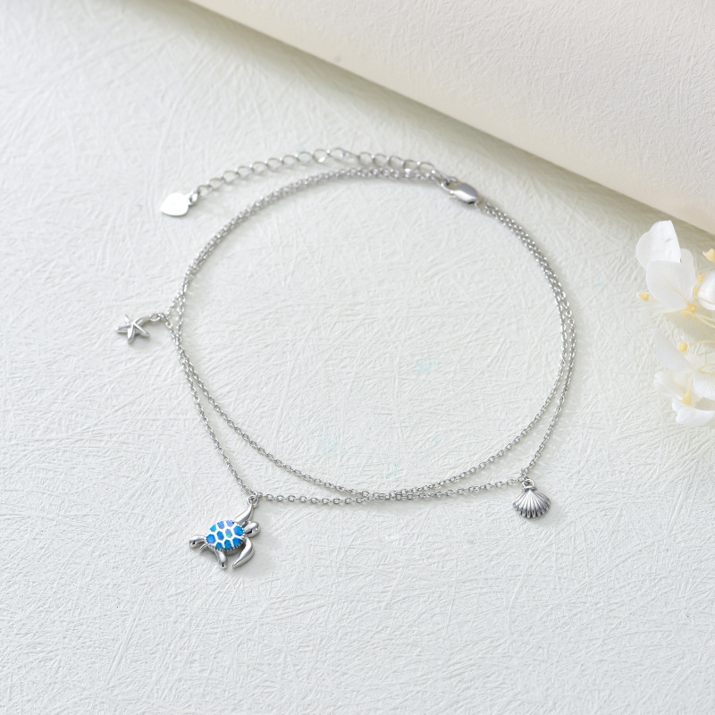 Tornozeleira feminina com corrente em várias camadas de opala de prata esterlina, tartaruga marinha e concha-3