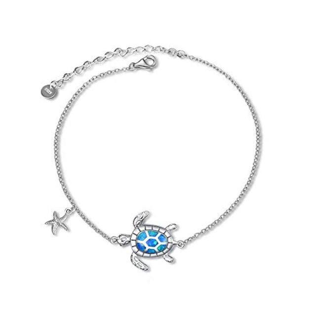 Sterling Silver Opal Sea Turtle & Starfish Single Layer Anklet-1