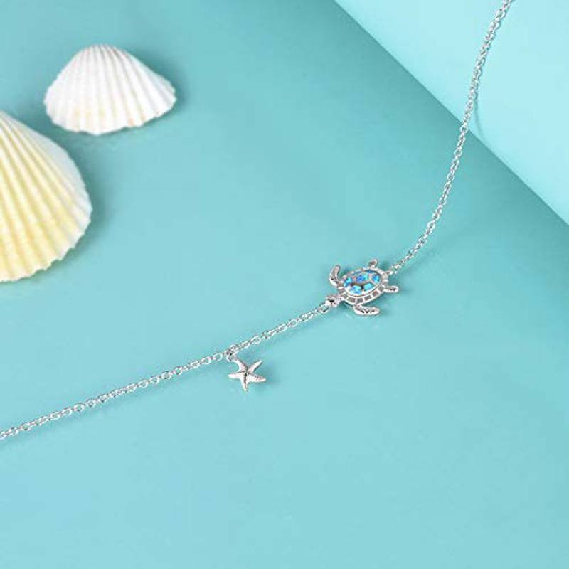 Sterling Silver Opal Sea Turtle & Starfish Single Layer Anklet-3