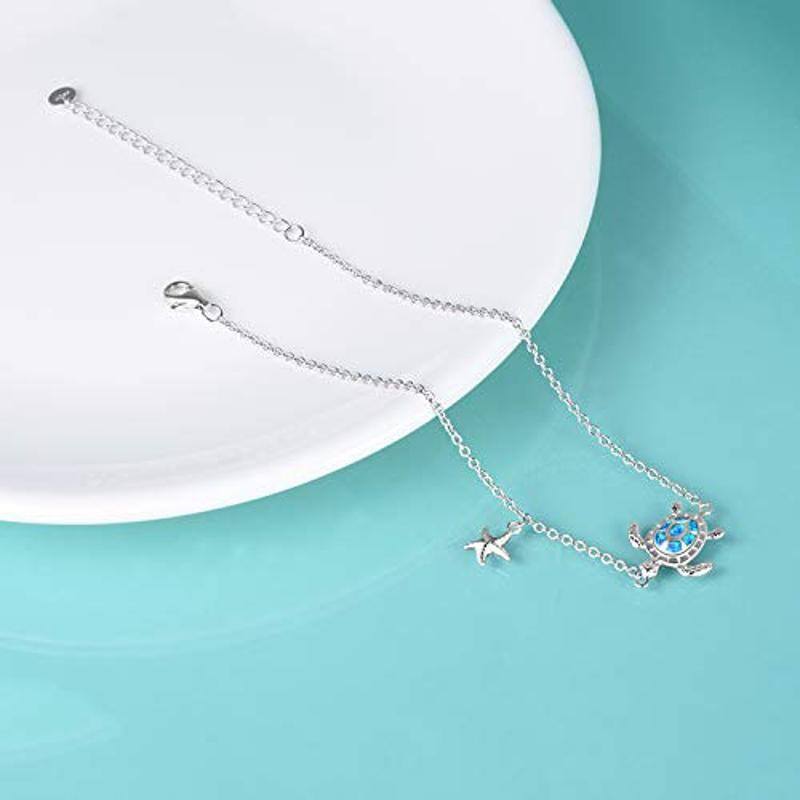 Sterling Silver Opal Sea Turtle & Starfish Single Layer Anklet-4