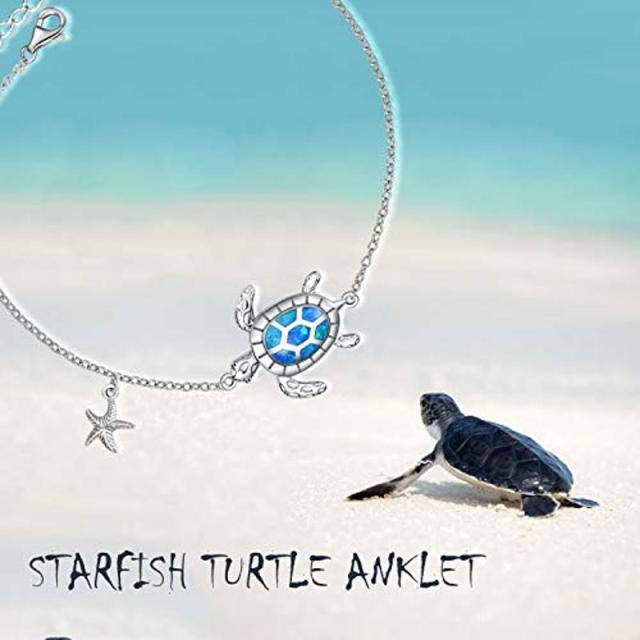 Sterling Silver Opal Sea Turtle & Starfish Single Layer Anklet-5