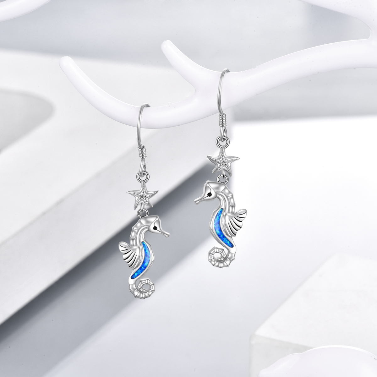 Sterling Silver Opal Seahorse & Starfish Drop Earrings-4