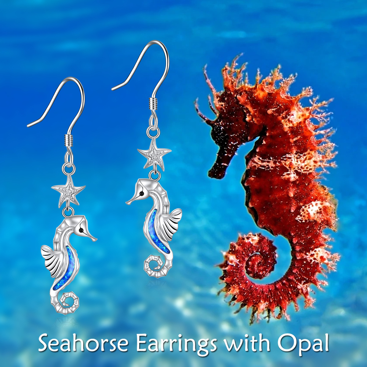 Sterling Silver Opal Seahorse & Starfish Drop Earrings-6