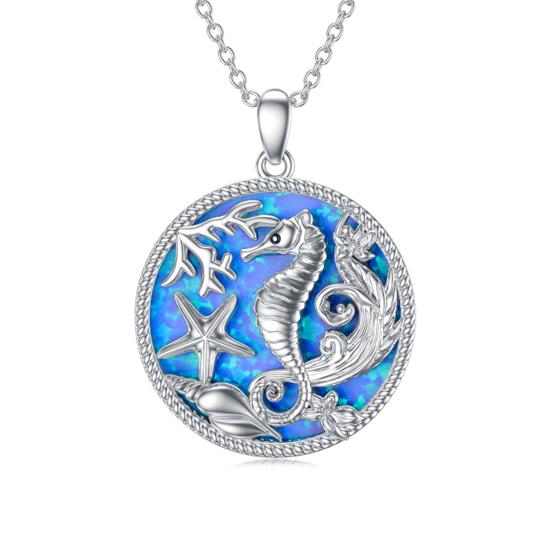 Collier en argent sterling avec pendentif hippocampe et étoile de mer en opale