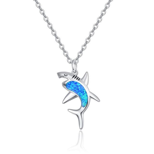 Sterling Silver Opal Shark Pendant Necklace-1