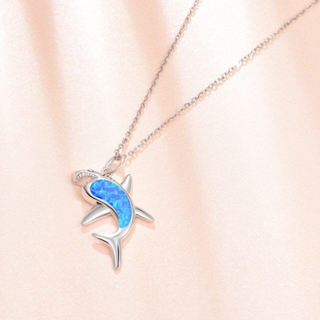 Sterling Silver Opal Shark Pendant Necklace-3