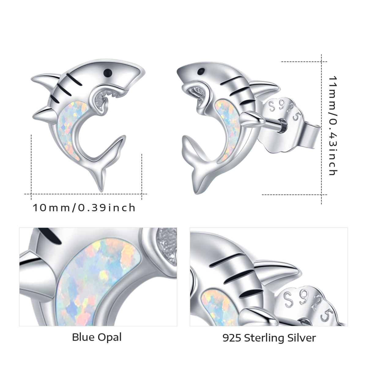 Sterling Silber Opal Hai Ohrstecker für Kinder-5