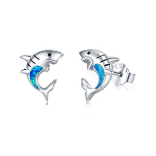 Sterling Silver Opal Shark Stud Earrings-6