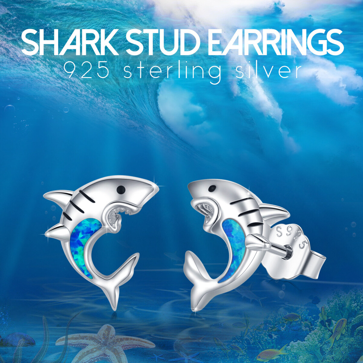 Sterling Silver Opal Shark Stud Earrings-4