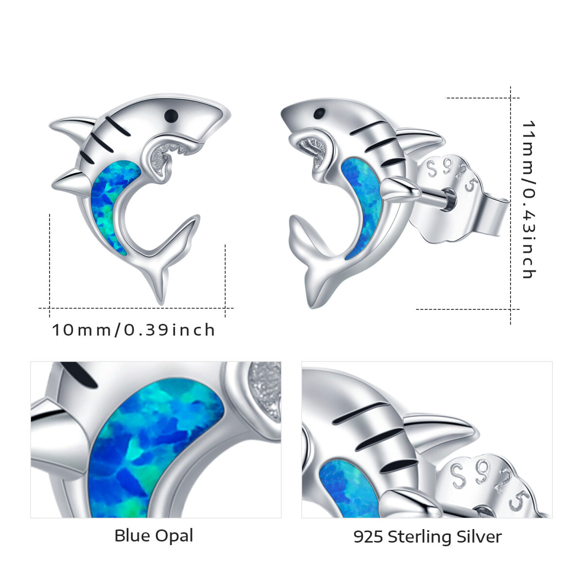 Sterling Silver Opal Shark Stud Earrings-5