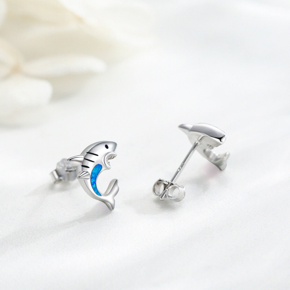 Sterling Silver Opal Shark Stud Earrings-6