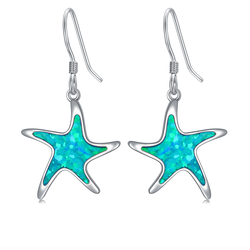 Sterling Silver Opal Star Drop Earrings for Women-1