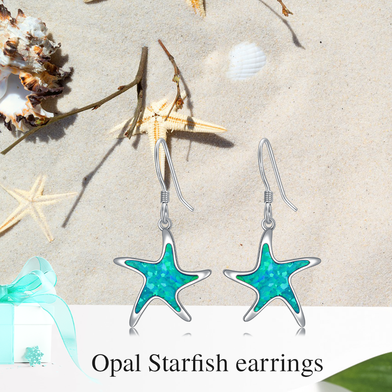 Sterling Silver Opal Star Drop Earrings for Women-5