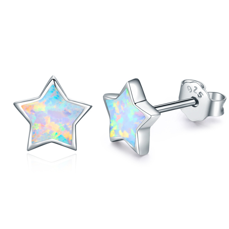 Sterling Silver Opal Star Stud Earrings for Women Girls-1