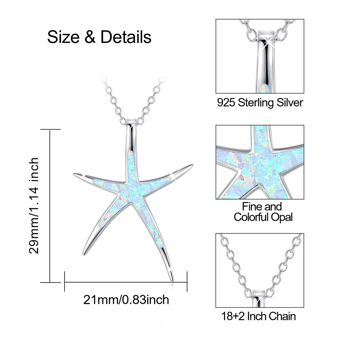 Sterling Silver Opal Starfish Pendant Necklace for Girls Women-6