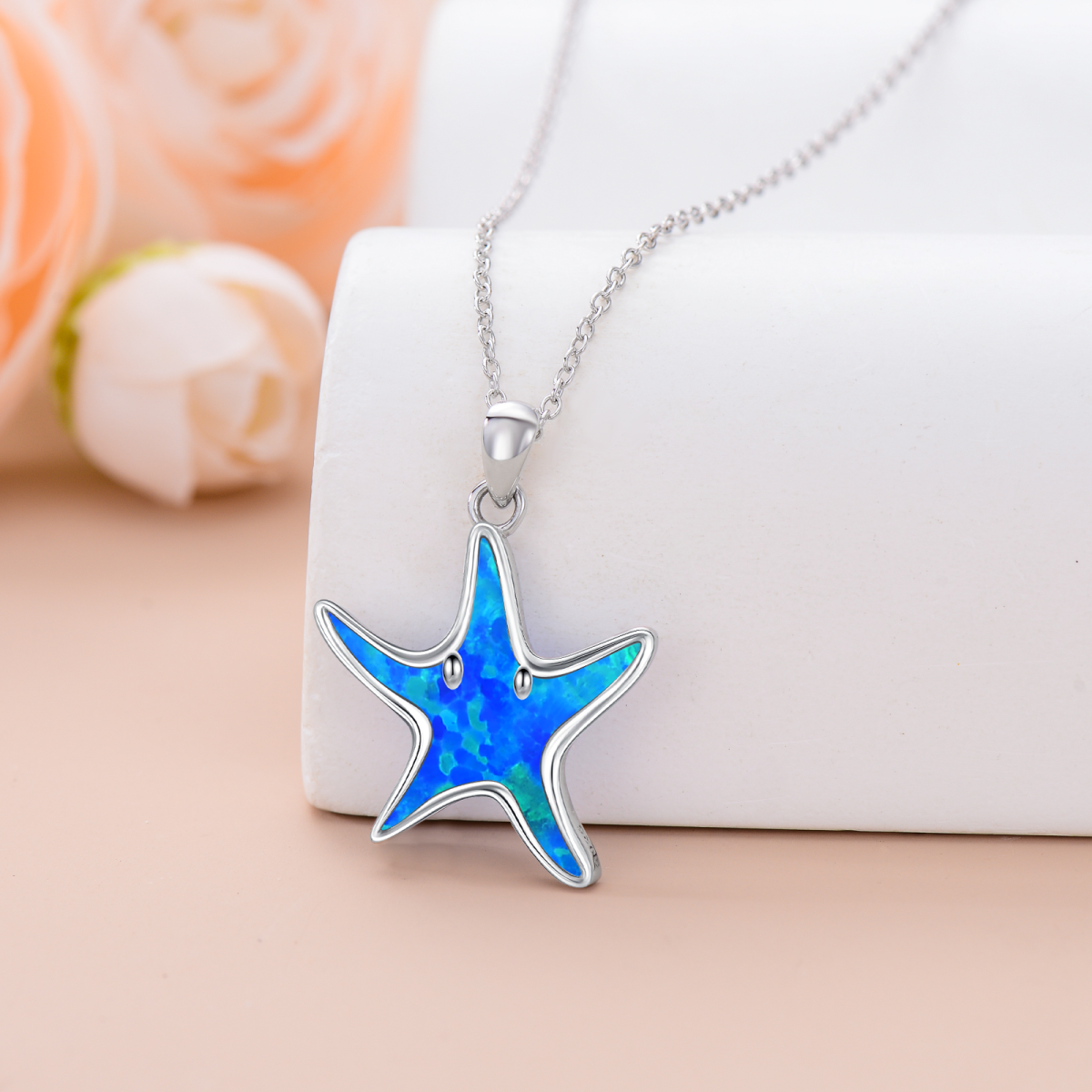 Sterling Silver Opal Starfish Pendant Necklace-3