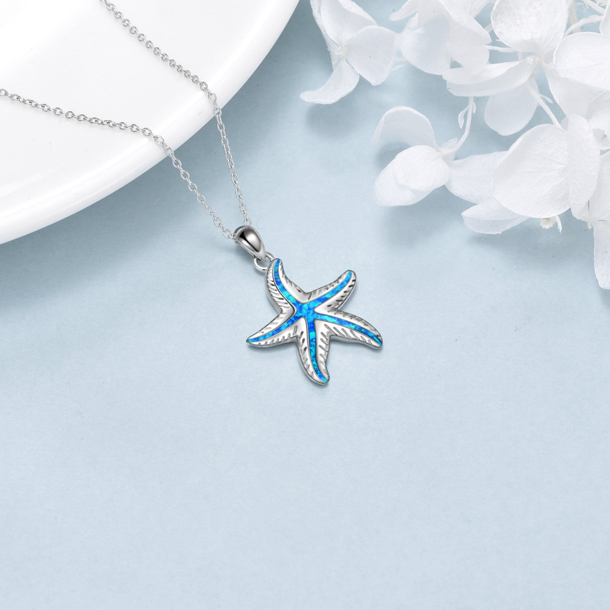 Sterling Silver Opal Starfish Pendant Necklace-4