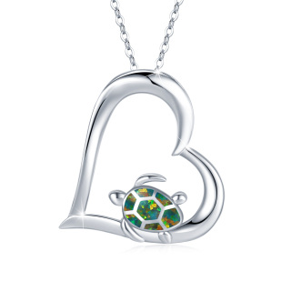 Sterling Silver Opal Tortoise & Heart Pendant Necklace-44