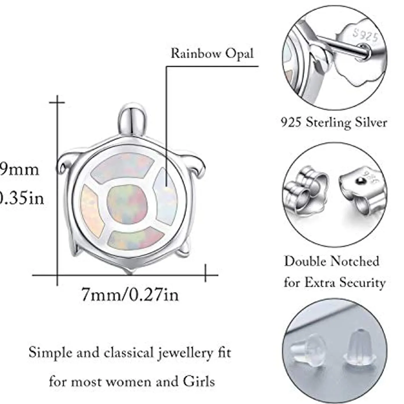 Pendientes de plata de ley con forma de tortuga y ópalo para mujeres y niños-5