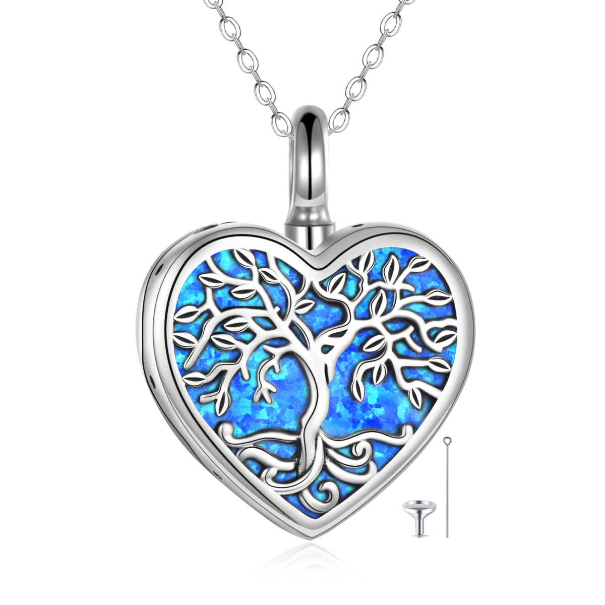 Sterling Silver Opal Tree Of Life & Heart Urn Necklace for Ashes with Engraved Word-1