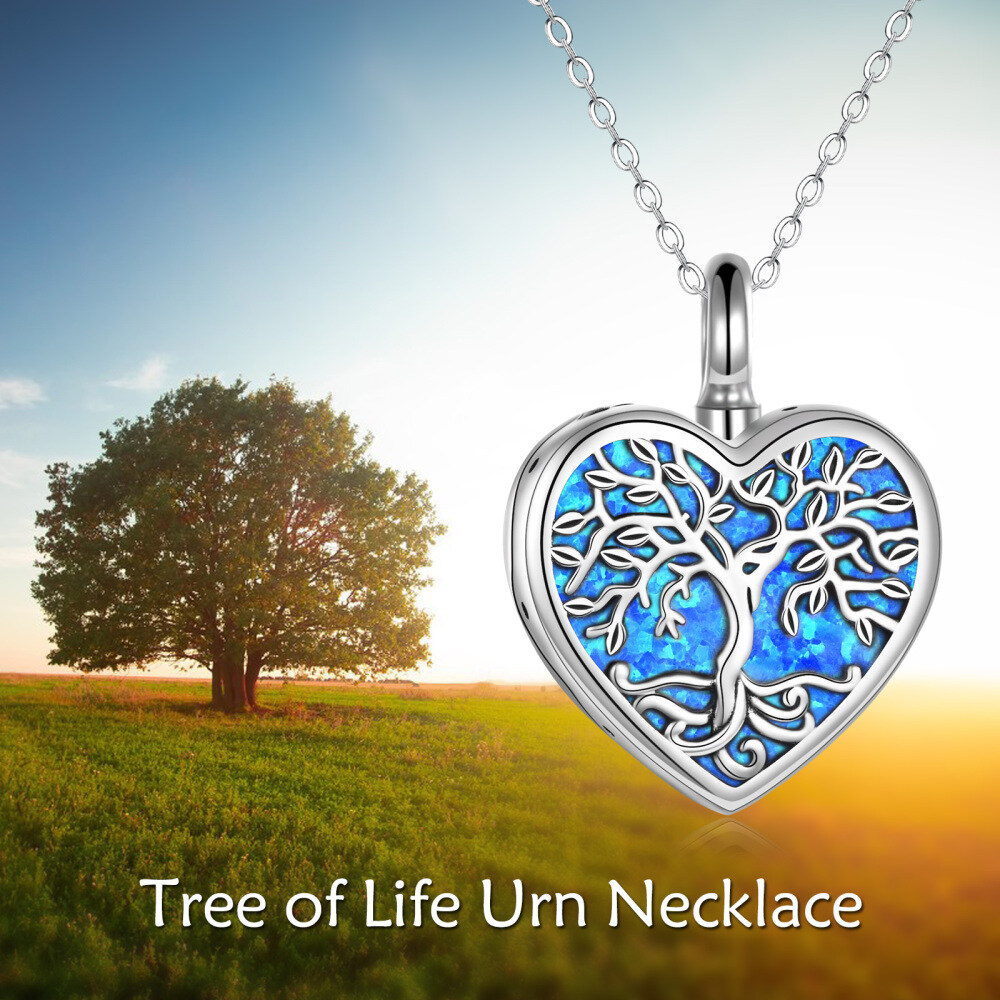 Sterling Silver Opal Tree Of Life & Heart Urn Necklace for Ashes with Engraved Word-3