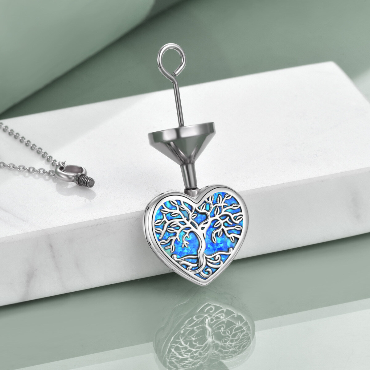 Sterling Silver Opal Tree Of Life & Heart Urn Necklace for Ashes with Engraved Word-4