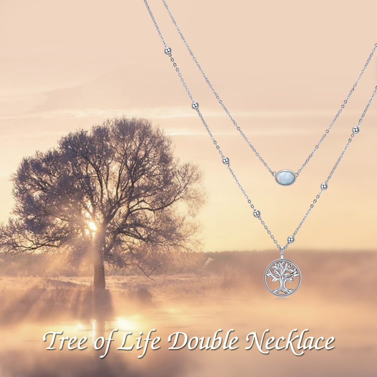 Sterling Silver Opal Tree Of Life Layered Necklace-3