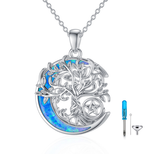 Collana con urna a pentacolo in argento sterling con albero della vita e luna in opale per le ceneri