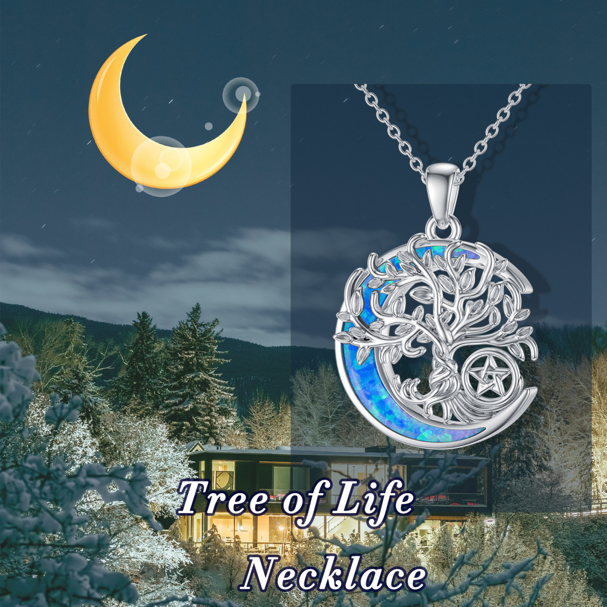 Sterling Silver Opal Tree Of Life & Moon Pentacle Urn Necklace for Ashes-6