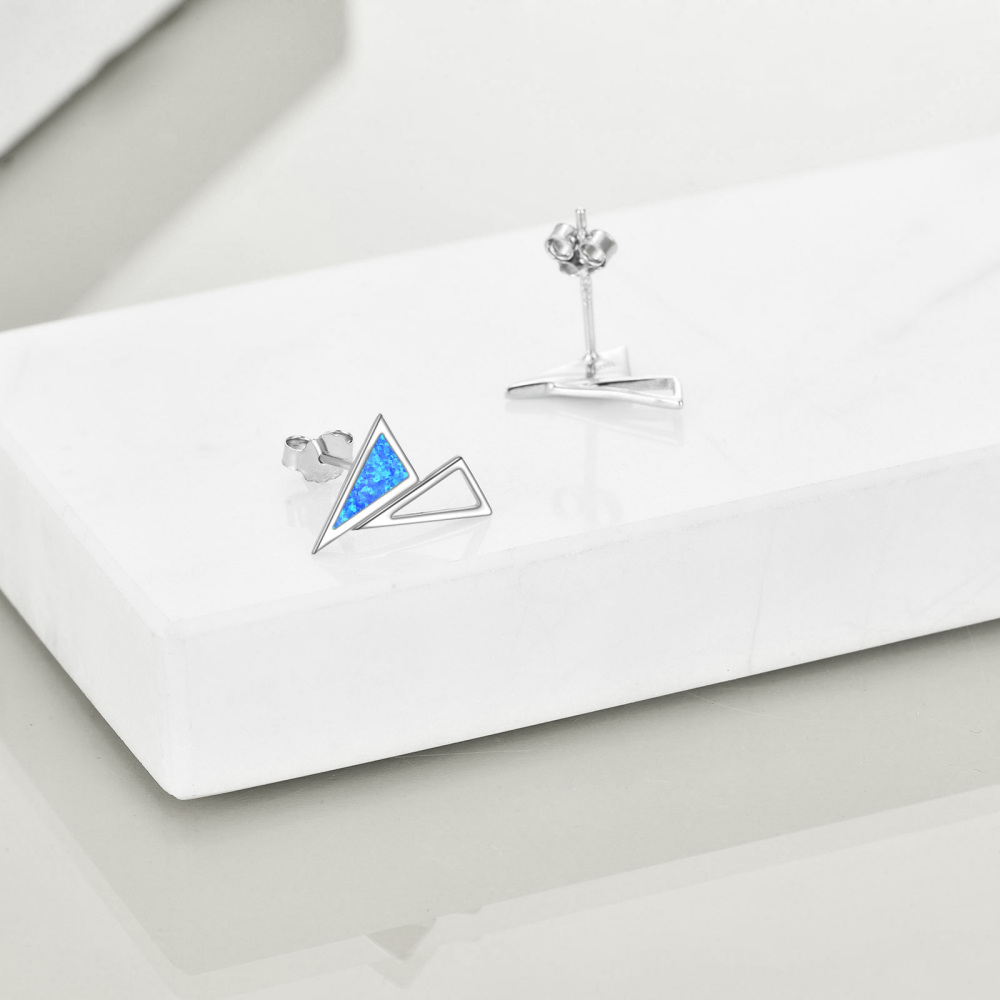 Sterling Silver Opal Triangle Stud Earrings-3