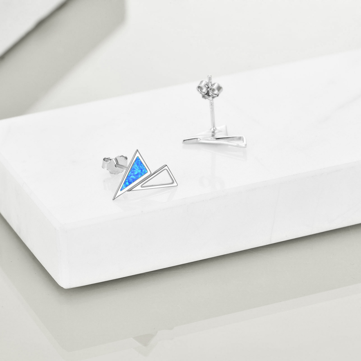 Sterling Silver Opal Triangle Stud Earrings-3