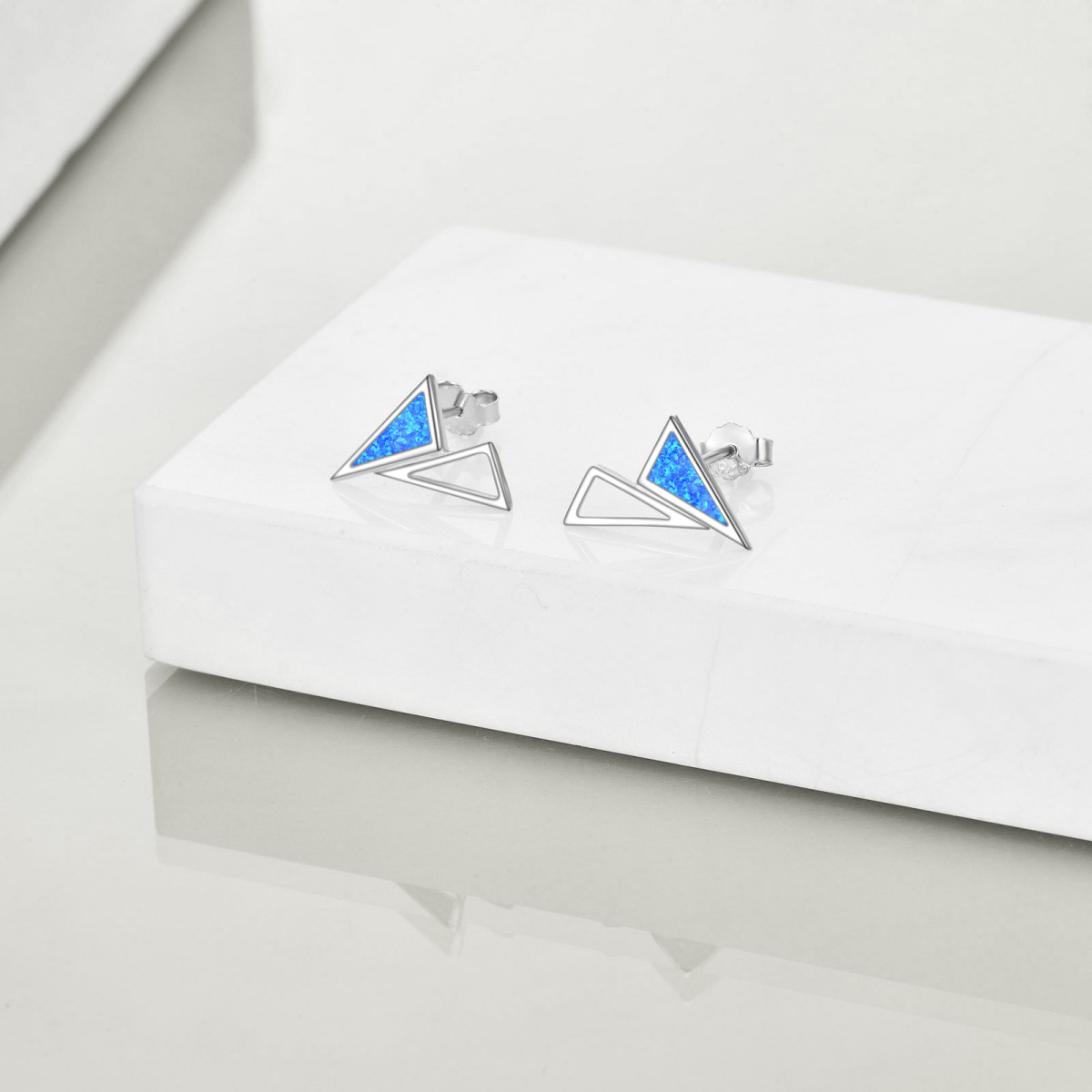 Sterling Silver Opal Triangle Stud Earrings-4