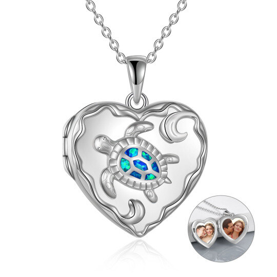 Sterling Silver Opal Turtle Heart Personalized Photo Locket Necklace With Engraved Word For Women-1