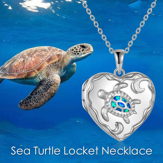 Sterling Silver Opal Turtle & Turtle Personalized Photo Locket Necklace with Engraved Word-6