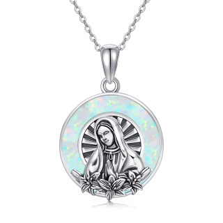 Sterling Silver Opal Virgin Mary Pendant Necklace-3