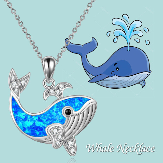 Sterling Silver Cubic Zirconia & Opal Whale Pendant Necklace-6