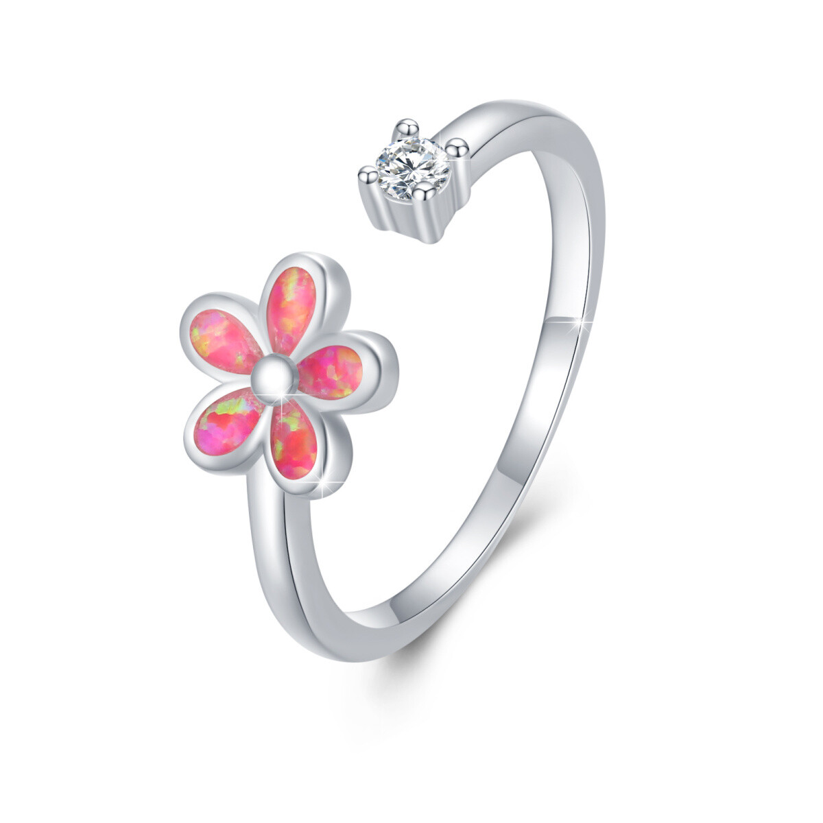 Sterling zilveren cubic zirkonia & opaal wilde bloemen open ring-1