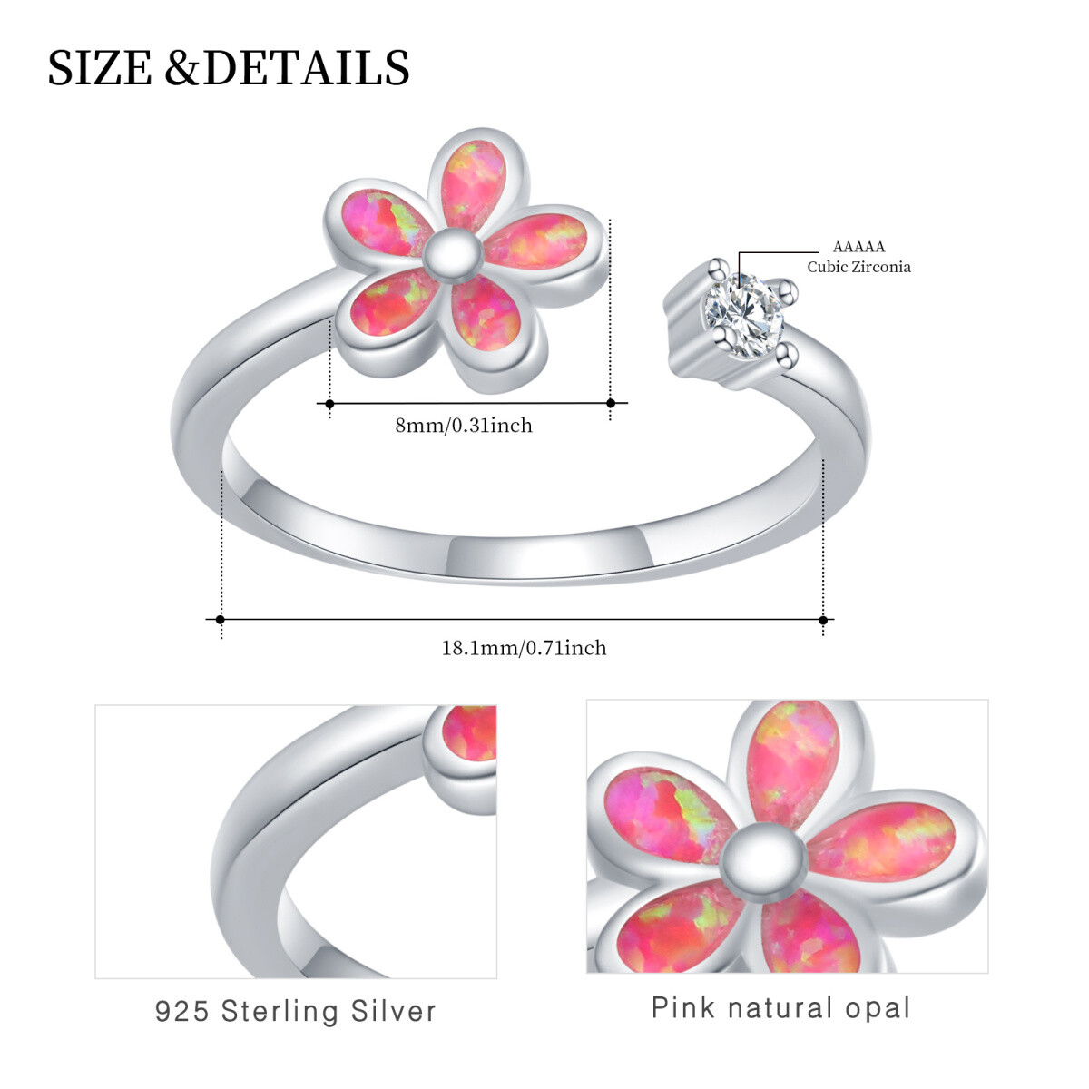 Sterling zilveren cubic zirkonia & opaal wilde bloemen open ring-4