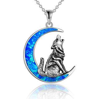 Sterling Silver Opal Wolf & Moon Pendant Necklace-5